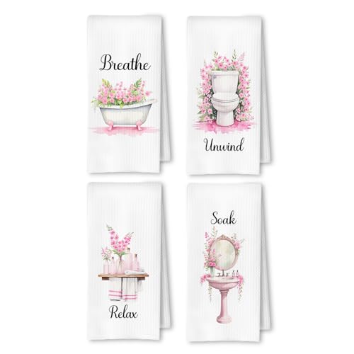 ArtisaEura Farmhouse Pink Botanical Bathroom Hand Towels, Relax Breathe Soak Unwind Botanical Decorative Hand Towels for Gym Yoga Spa Decor, 16x24 Inches Set of 4