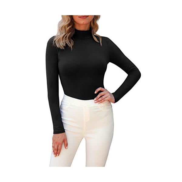 LAOLASI Women's Turtle Mock Neck Long Sleeve Slim Fit Basic Bodysuit Daily Shirts, 01-BK, M