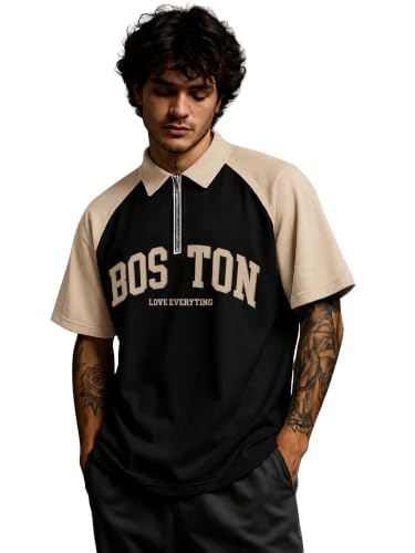 Image of Jump Cuts Mens Printed Polo Neck Full Sleeve Black and Beige Cotton Blend T-Shirt