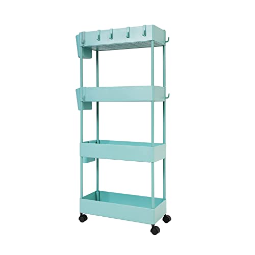 JAKAGO Slide Out Storage Cart Slim Rolling Trolley,4 Tier Storage Rack Utility Organizer Shelf,Narrow Places Tower Rack Mobile Shelving Unit for Pantry Kitchen Office Bathroom (Teal)