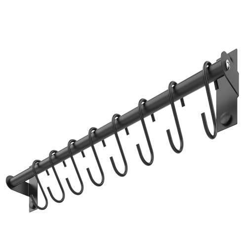MIIVII Stainless Steel Utensil Rack, Wall-Mounted Hanging Bar Rail Rack with 8 Removable S Hooks, for Kitchen & Bathroom, 40cm (Black)