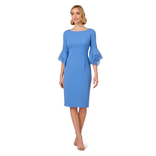 Image of Adrianna Papell Stretch Knit Crepe Sheath Dress with Tiered Organza Bell Sleeve