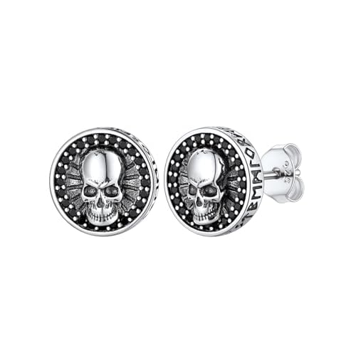 FaithHeart Viking Runes Stud Earrings for Men Silver/Black/Gold Stainless Steel Lightweight Earrings Retro Norse Mythology Jewelry with Gift Box Black Onyx-Front Runes-Sterling Silver