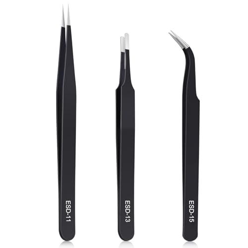 YIKUBO 3pcs Precision Tweezers Set Ultra-Fine High-Precision Fine Thin Tweezers Stainless Steel Model Making Crafts Antistatic Anti-Corrosion Rust-Proof Black