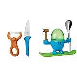 WMF Willy Mia Fred Kinderkoch-Set 2-teilig, Kindermesser, Schäler, ab 6 Jahren, Edelstahl, Kunststoff & McEgg Eierbecher mit Löffel, lustiger Eierbecher Kinder, Kunststoff, blau