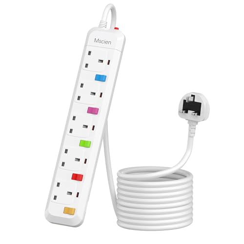 6M Long Extension Lead with Switches Mscien 5 Way Extension Socket Surge Protected Overload Extension Cable UK Power Strip Mountable with 6 Metre Extension Cord 5 Gang Multi Plug