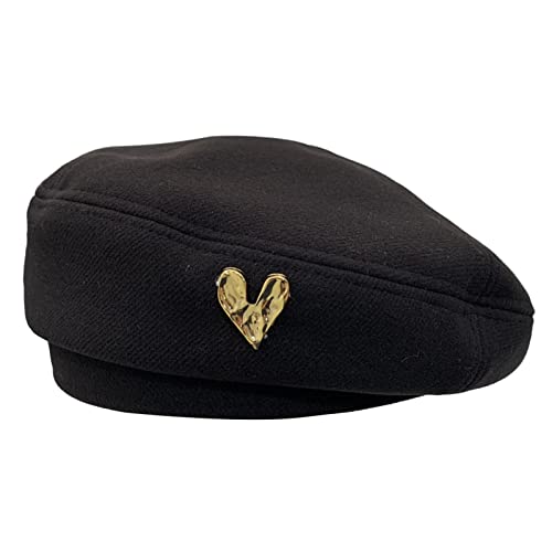 Beret Cap, Metal Heart Decor Flat Dome Brimless Korean Style Painter Hat Autumn Winter Women Solid Color, Black, One Size Fits Most #TOP22