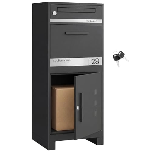 SONGMICS Paketbox, Paketbriefkasten, Briefkasten mit Paketfach, personalisiert, lasergraviertes Namensschild und Hausnummernschild, Paketkasten XXL, Schloss, 2 Schlüssel, Stahl, schwarz GMB091B02