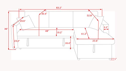 Kingway Sectional Sofa Bed with Storage Convertible Chaise Sofabed, W83D53H36, Gray