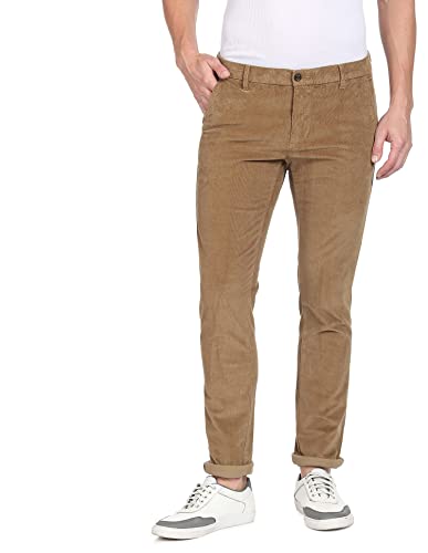 Image of Men Brown Mid Rise Corduroy Solid Casual Trousers