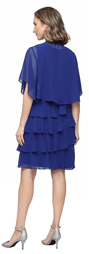 Image of S.L. Fashions Women's Chiffon Tiered Jacket Dress with Beaded Neckline Mother of the Bride, Cocktail, Or Wedding Guest Dress