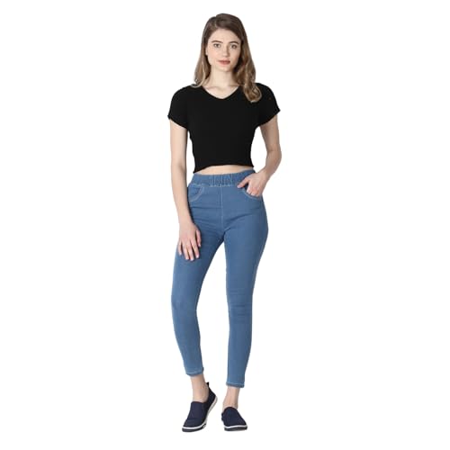 Image of 4Flies Women's Denim Lycra Jeggings - Stretchable Slim Fit Ankle-Length Pants for Casual, Office & Travel Wear - Stylish & Comfortable