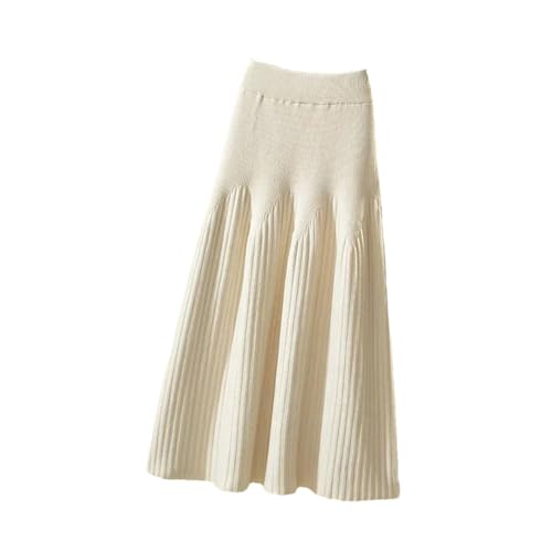 Women Fall Winter High Waisted Thickened Knitted Skirt Mid-Length Wool Skirt A-Line Long Skirt Beige One Size - Main Image