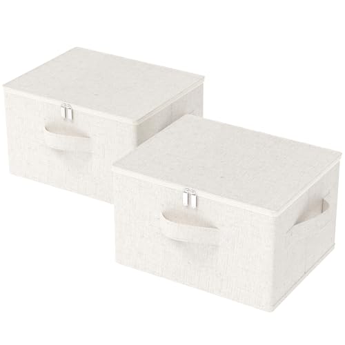 Fabric Underbed Storage Bins with Lid, Foldable Cube Organizer, Home Wardrobe Containers Box for Organizing Clothes, Shoes, Blankets, Pillows, 19.6×15.7×11.8Inches, Beige, 2 Pack