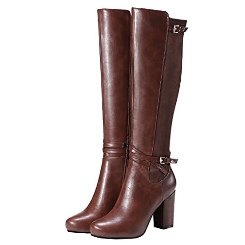 BEAUPAS Women's Knee High Boots Chunky High Heels Boots Buckle Round Toe Zip Up Block Heel Shoes