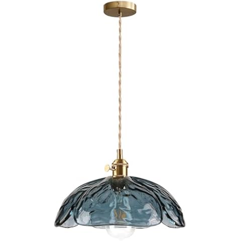 Auwieou Glass Pendant Light Flower Pendant Light Hand Blown 1-Light Brushed Brass Pendant Light fixtures Farmhouse Pendant Lighting with Blue Glass Shade Hanging Light for Kitchen Dining Room Bedroom Cover