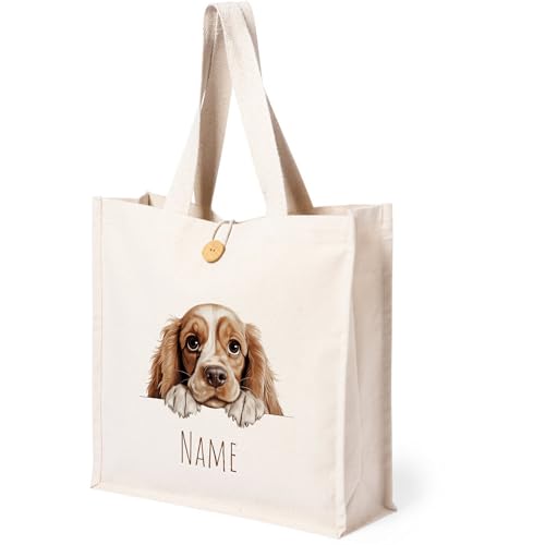 GRAZDesign Personalisierbare Hundemotiv Tragetasche aus Baumwolle mit Knopf und Namen, Ideal für Hunderassen-Liebhaber - Cocker Spaniel