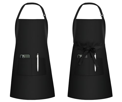 MAGNA COLLECTION 2 Pack Adjustable Bib Chef Aprons with 2 Pockets Stylish Aprons for Men and Women Ideal for Cooking Kitchen BBQ Gardening Restaurant & Coffee Shop (Black)