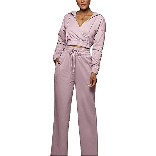 amropi Damen Hoodie Trainingsanzug Set V-Ausschnitt Crop Top und Hose mit Weitem Bein Jogginganzug Lila, M amropi Damen Hoodie Trainingsanzug Set V-Ausschnitt Crop Top und Hose mit Weitem Bein Jogginganzug Lila, M