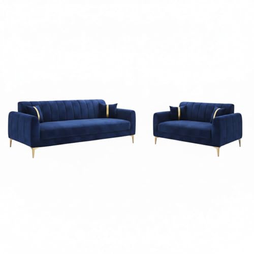 Image of Hermione Luxe Velvet-Suede Fabric 3 Seater + 2 Seater Sofa Set | Golden Legs | Comfortable & Spacious Seating | Modern Sofa Set for Living Room - Dark Blue