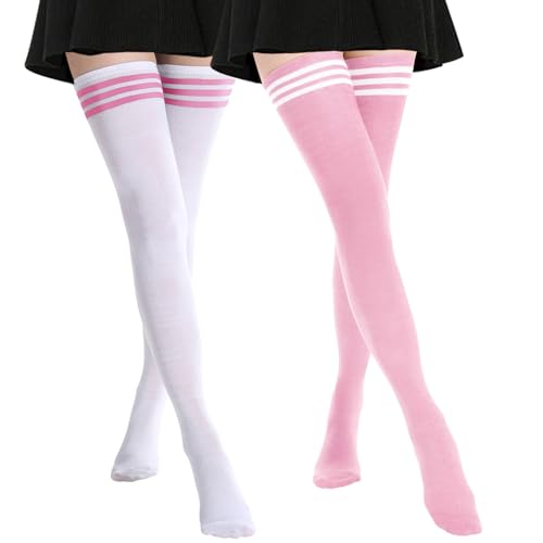 Image of AQOKKA Extra Long Thigh High Socks for Women Striped Over Knee Thigh Socks Long Boot Thigh High Stockings Leg Warmers