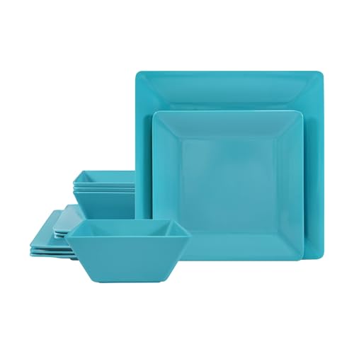 TP 12-Piece Dinnerware Set, Melamine Dishes Set with Bowls and Plates, Non-breakable and Lightweight Square Dinner Set for 4, Teal