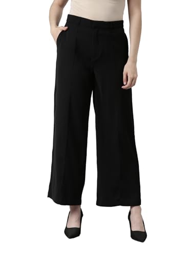 Image of GO COLORS Poly Spandex Crepe Wide Pants Full Length for Women| Lightweight, Mid Rise, Side Pockets