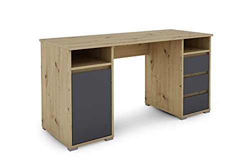 byLIVING Schreibtisch Lobo mit Melamin Oberfläche in Artisan Eiche mit anthrazit, 3 Schubkästen und 1 Tür mit viel Stauraum, Holzwerkstoff Spanplatte, braun, B 138, H 75, T 55 cm