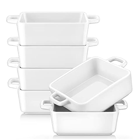 LOVECASA 7 OZ Creme Brulee Ramekins, Ceramic Souffle Dish Ramekins, Square Baking Dish with Double Handles, Ceramic Ramekins for Baking, Oven Safe, Set of 6, 3.9 x1.5 inches, White Cover