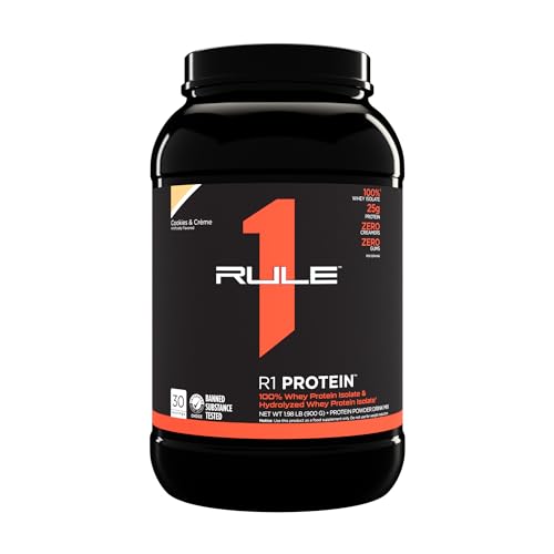 Rule One Proteins R1 Protein - 25g Fast-Acting, Super-Pure 100% Isolate and Hydrolysate Protein Powder with 6g BCAAs (2 Pounds*, Cookies and Crème)