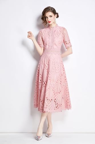 LAI MENG FIVE CATS Women's Retro Elegant Floral Lace Crew Neck Crochet Waist Cocktail Party Midi Dress4