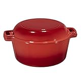 2 in 1 Enameled Cast Iron Double Dutch Oven & Skillet Lid, 5-Quart, Fire Red - Induction, Electric, Gas & In Oven Compatible