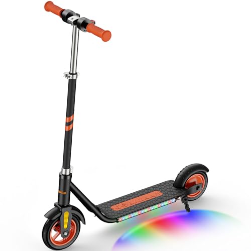 Gobazaar Electric Scooter for Kids Ages 6-12, 150W Hub Motor, 10 mph, Colorful Lights, LED Display, Dual Brake System, 4 Height Adjustable Electric Scooter, Best Gifts for Kids（Black）