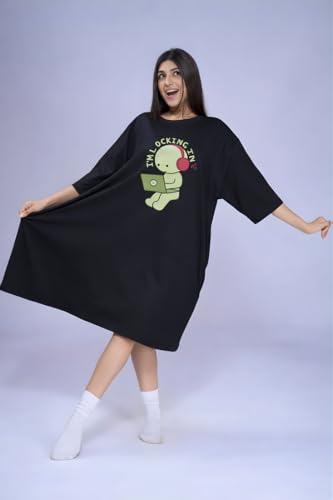 Image of LAMA STORE Women's Printed Oversized T-Shirt Dress, Cotton, 3 /4 Sleeve Length, Casual Loose Fit, Comfort Wear Extra Comfy Oversized Printed Pocket T-Shirt Dress