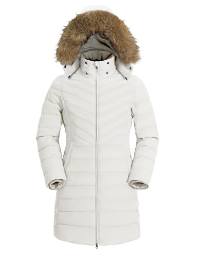 Pioneer Camp Wintermantel Damen Lang Warm Steppmantel Wasserdicht Winterjacke Mantel Damen Winter mit Abnehmbarer Kunstpelzkragen Brillantes Weiß S