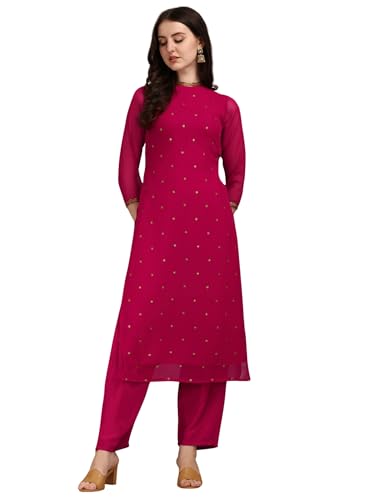 Image of Saanjh Women's Faux Georgette Embellished Printed Straight Kurta with Bottom||Kurta Set