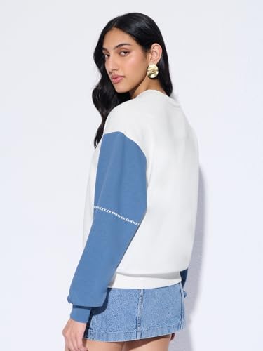 Image of The Souled Store Spirit Women and Girls Full Sleeves Round Neck Colour-Block Embellished Cotton Blend Drop Shoulder Streetwear Trendy Oversized Sweatshirt
