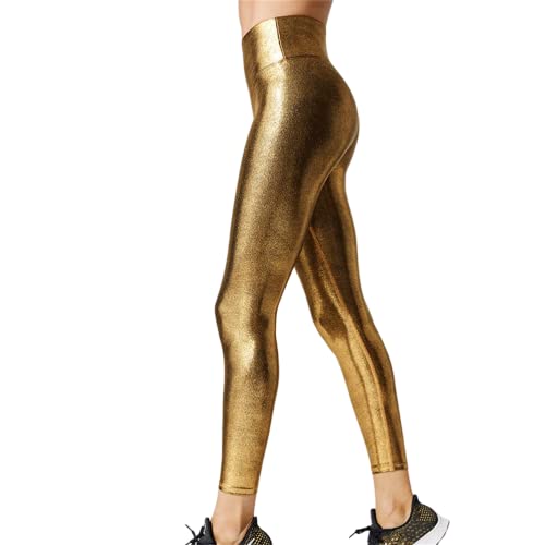 ORANDESIGNE Leggings en Cuir PU pour Femmes Legging Simili Cuir avec Poches Skinny Stretch Slim Pantalon M Or M
