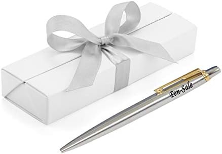 Personalised Engraved Parker Jotter Stainless Steel Gold Trim Ballpoint Pen in a White Presentation Box with Blue Ink - Personalised Gifts for Christmas - Enter Your Custom Engraving