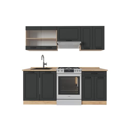 Vicco Küchenzeile R-Line, Anthrazit Landhaus/Goldkraft Eiche, 200 cm ohne Arbeitsplatte