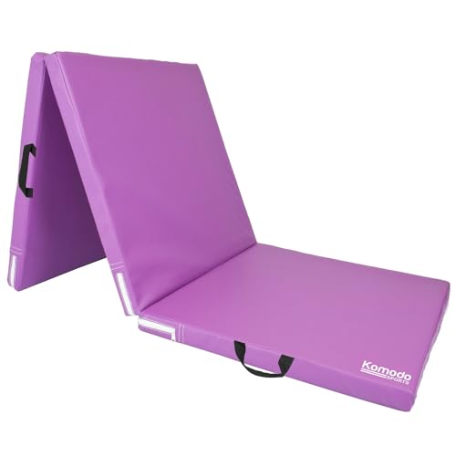 Komodo Tri Folding Yoga Mat - PVC Leather 6ft 5cm Thick Padded Floor Mats (Purple)