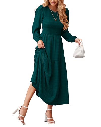 dowerme Women's Dresses 2025 Fall Puff Long Sleeve Crewneck Smocked Tiered Flowy A-Line Boho Wedding Party Maxi Dress