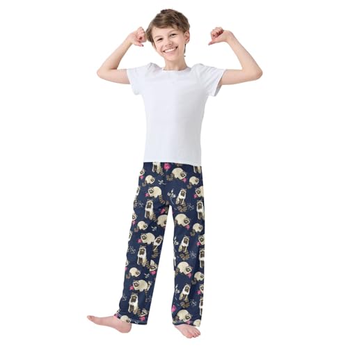 Raccoon Rose Floral Boys Long Pants Soft Trousers Elastic Waist Kids Lounge Bottoms with Pockets S-XL2