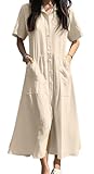 chouyatou Women's Summer Short Sleeve Button Down Shirt Dress A-Line Flared Maxi Long Beach Casual Dress (Large, Light Khaki)