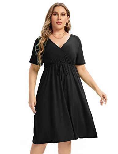Image of ShopWonder Plus Size Dress Women's V Neck A-Line Knee Length Wrap Swing Dresses Plus Size A Line Party Mini Dress