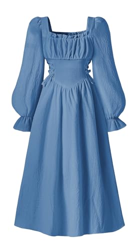 SEAUR Long Sleeve Flowy A-Line Dress for Girls Square Neck Fitted Waist French Retro Style Dress Blue 12-13 Years
