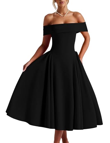 YMDUCH Women's Elegant Off Shoulder Short Sleeve A line Flowy Swing Party Evening Long Dress