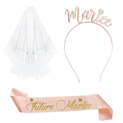 3 Pièces EVJF Accessoire - Future Mariée Voile Écharpe Voile Blanc Couronne Serre-tête Mariée Or Rose - Enterrement de Vie de Jeune Fille Déguisement