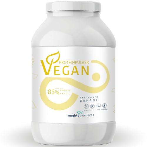 Mighty Elements VEGANES PROTEIN BANAN 1kg - 85% vegetabiliskt protein, 5k proteinpulver, proteinpulver utan gluten, laktos & mjölkprotein, proteinshake, muskeluppbyggnad