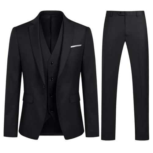 Allthemen Anzug Herren Slim Fit 3 Teilig Anzüge Modern Herrenanzug 3-Teilig Sakko Hose Weste Business Hochzeit Schwarz 3XL